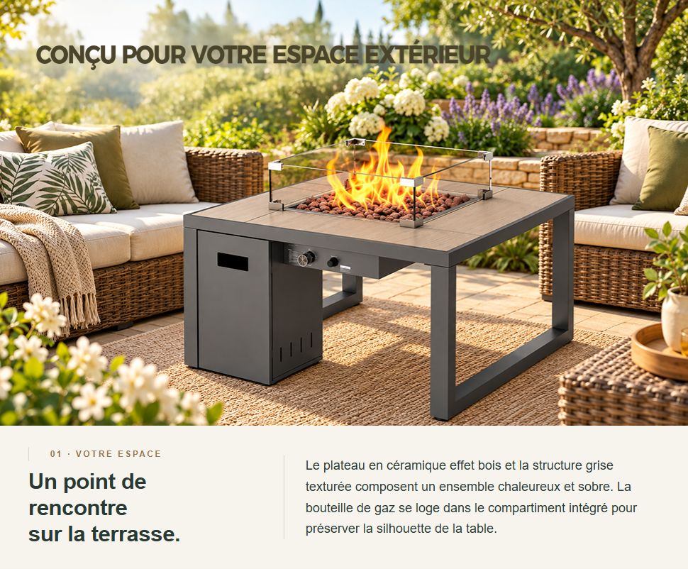 Un espace détente au jardin : structure grise texturée, plateau effet bois et compartiment pour la bouteille