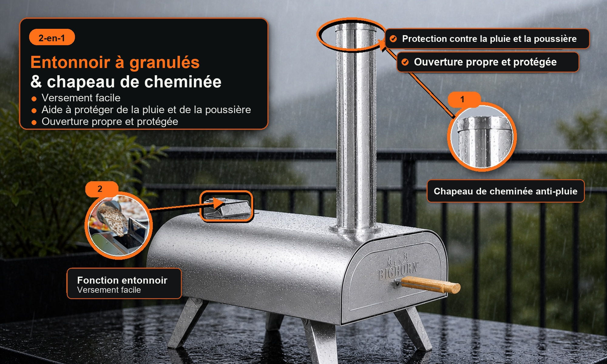 BIGHORN four à pizza trémie à granulés et chapeau de cheminée anti-pluie