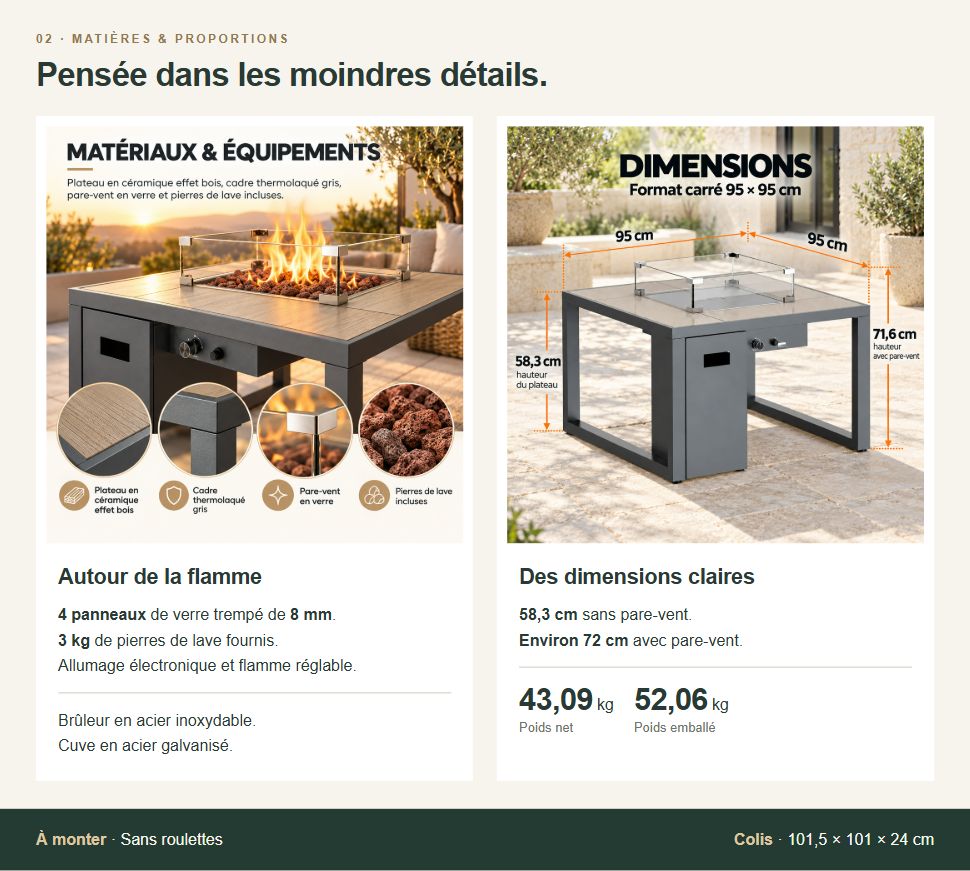 Matières et dimensions en deux colonnes : verre trempé 8 mm, pierres de lave 3 kg, hauteur 58,3 cm sans pare-vent et environ 72 cm avec pare-vent, poids net 43,09 kg