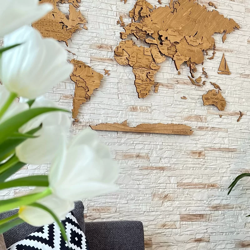 Mapa del mundo 3D de madera en color roble natural - patrón XXI | LosokaWood