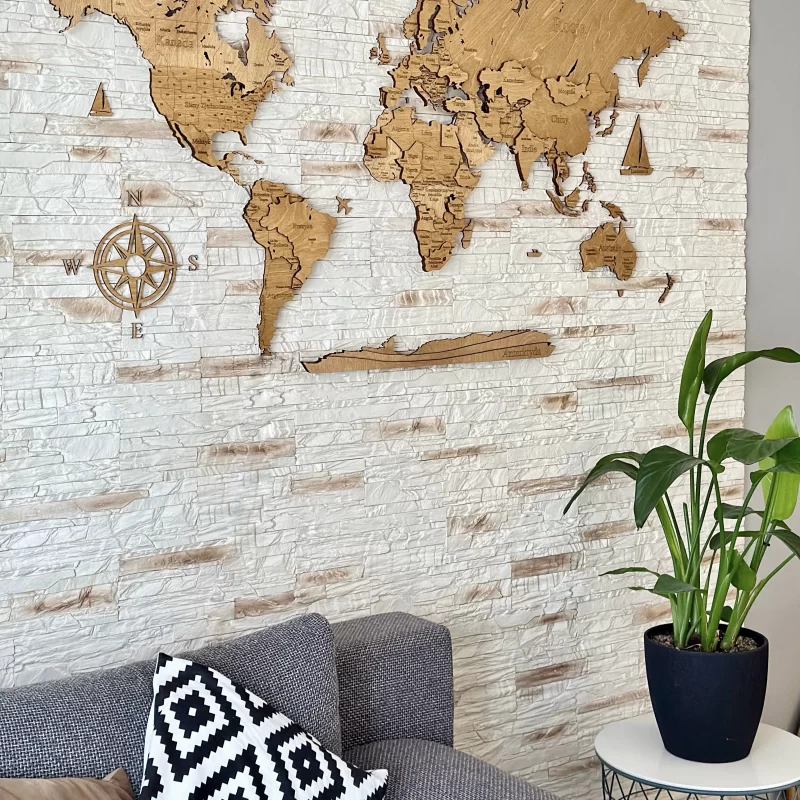 Mapa mundial de madera 3D para la pared - roble natural - patrón XXI | LosokaWood