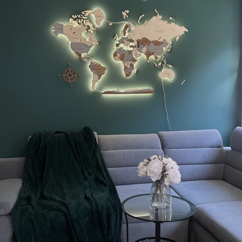 3D-LED-beleuchtete Weltkarte aus Holz, Muster Nr. 17 | Losokawood.com