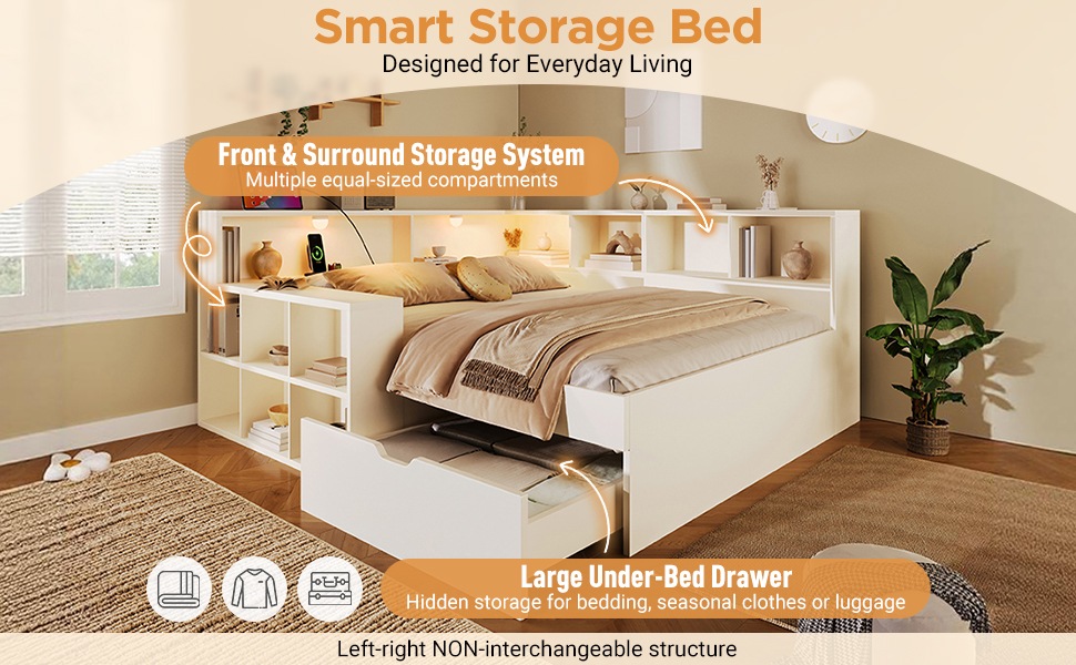 Lit coffre 140×190 cm - Rangement sous lit - Lampe de lecture - USB Type-C - Tiroirs - Étagère ouverte - Bois - Blanc 2