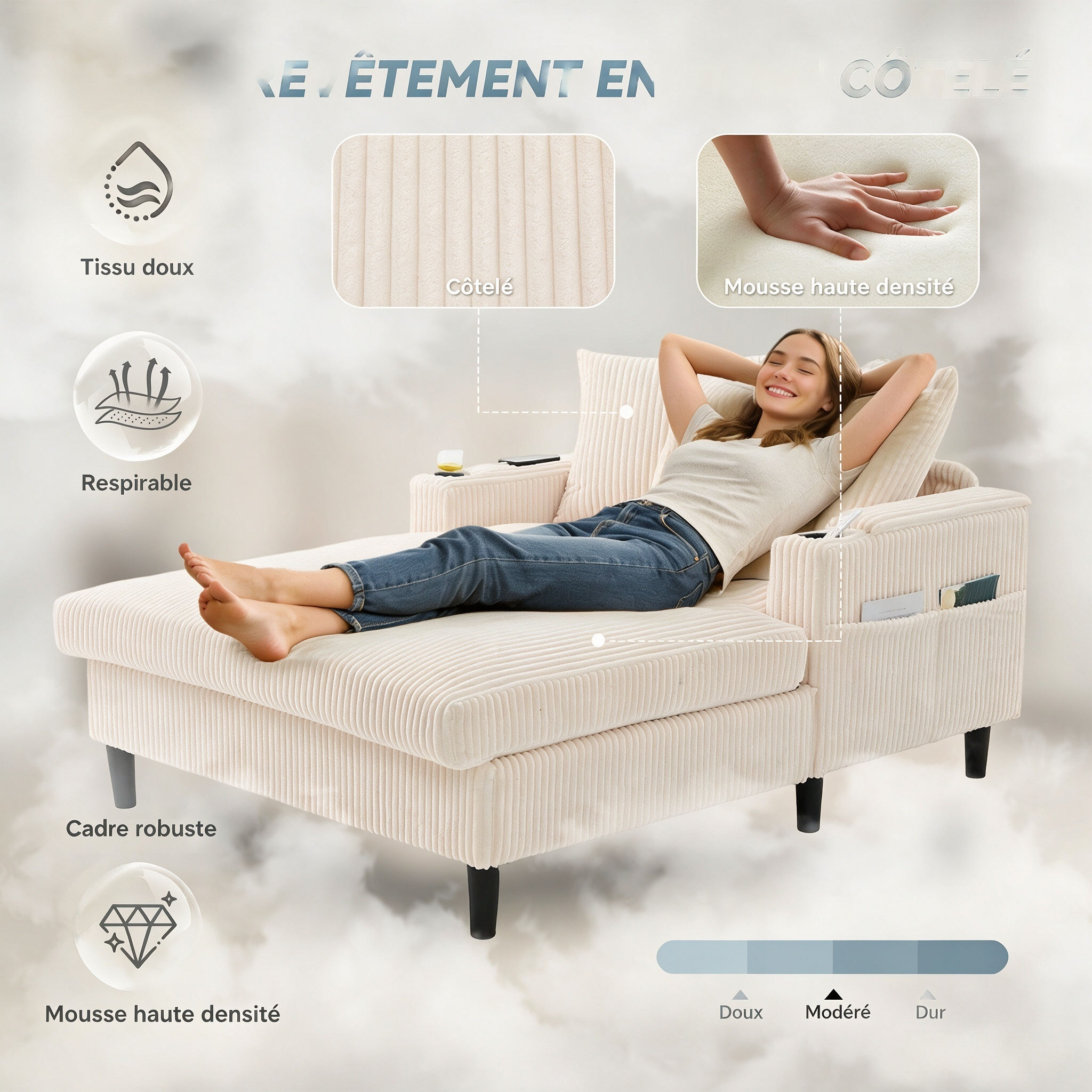 Canapé lounge en corduroy beige avec chaiselongue et LED - vue 4