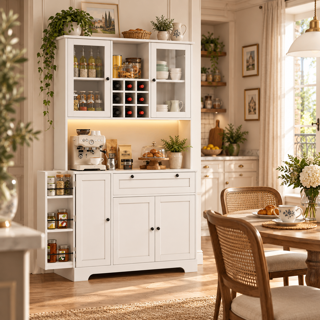 Détails du meuble cuisine avec rangement et prises