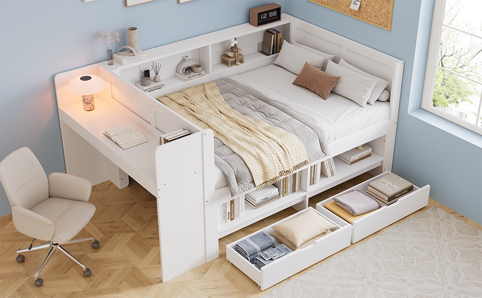 Lit Enfant Combiné Blanc - 2 Tiroirs, Bureau Intégré, Rangement Intégré, Sommier à Lattes - Bois - 240×140×100cm - Chambre Enfant 2