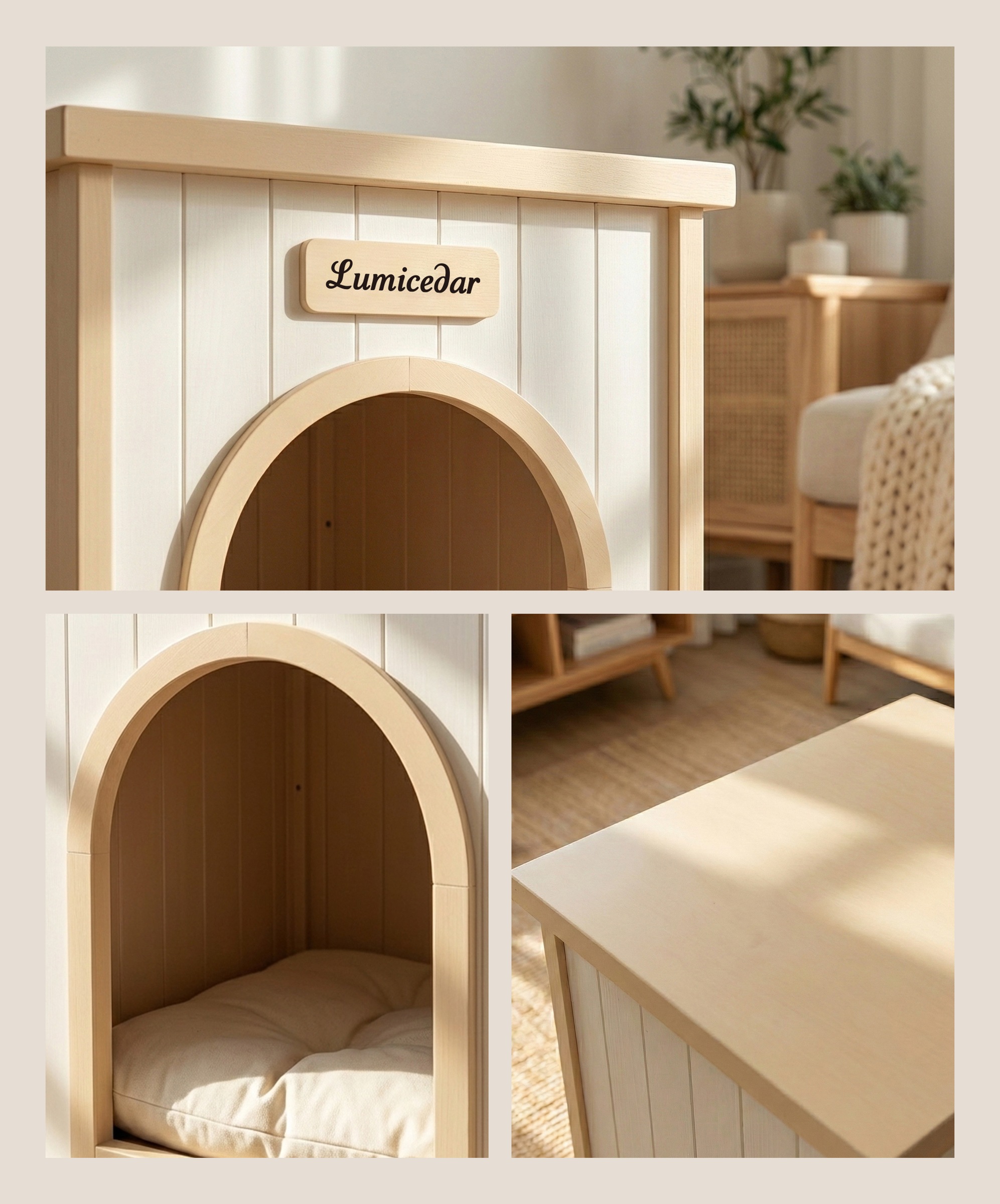 Maison pour Chat Blanc Crème, Bois Massif FSC, Style Scandinave, Usage Intérieur, Coussin Confort - Bois - 53x51.6x60cm - Maison 2