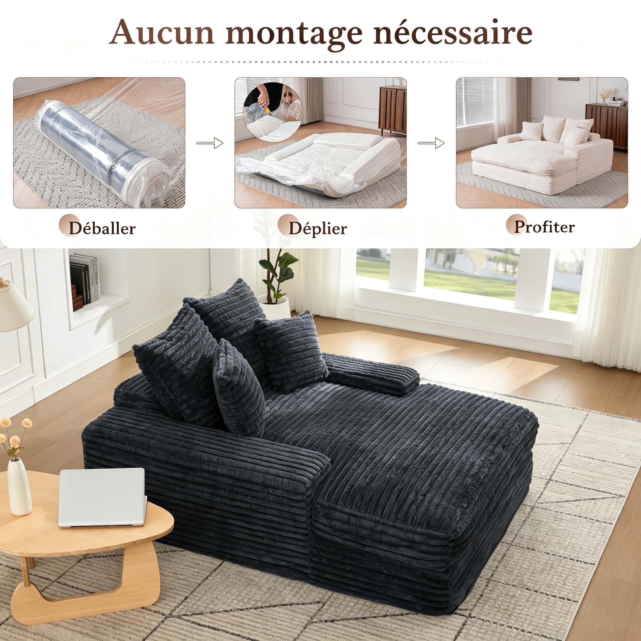 Canapé-lit luxe gris corduroy 4 coussins 165x135x58 cm - vue 4