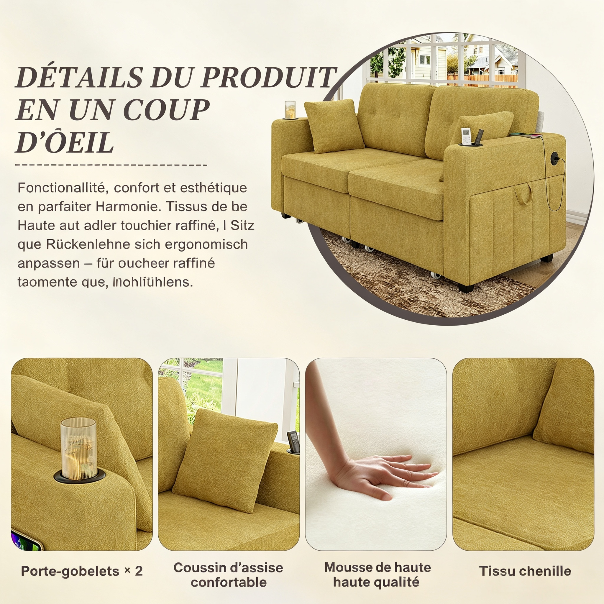Canapé 2 places en chenille moutarde avec tiroirs et USB - vue 2
