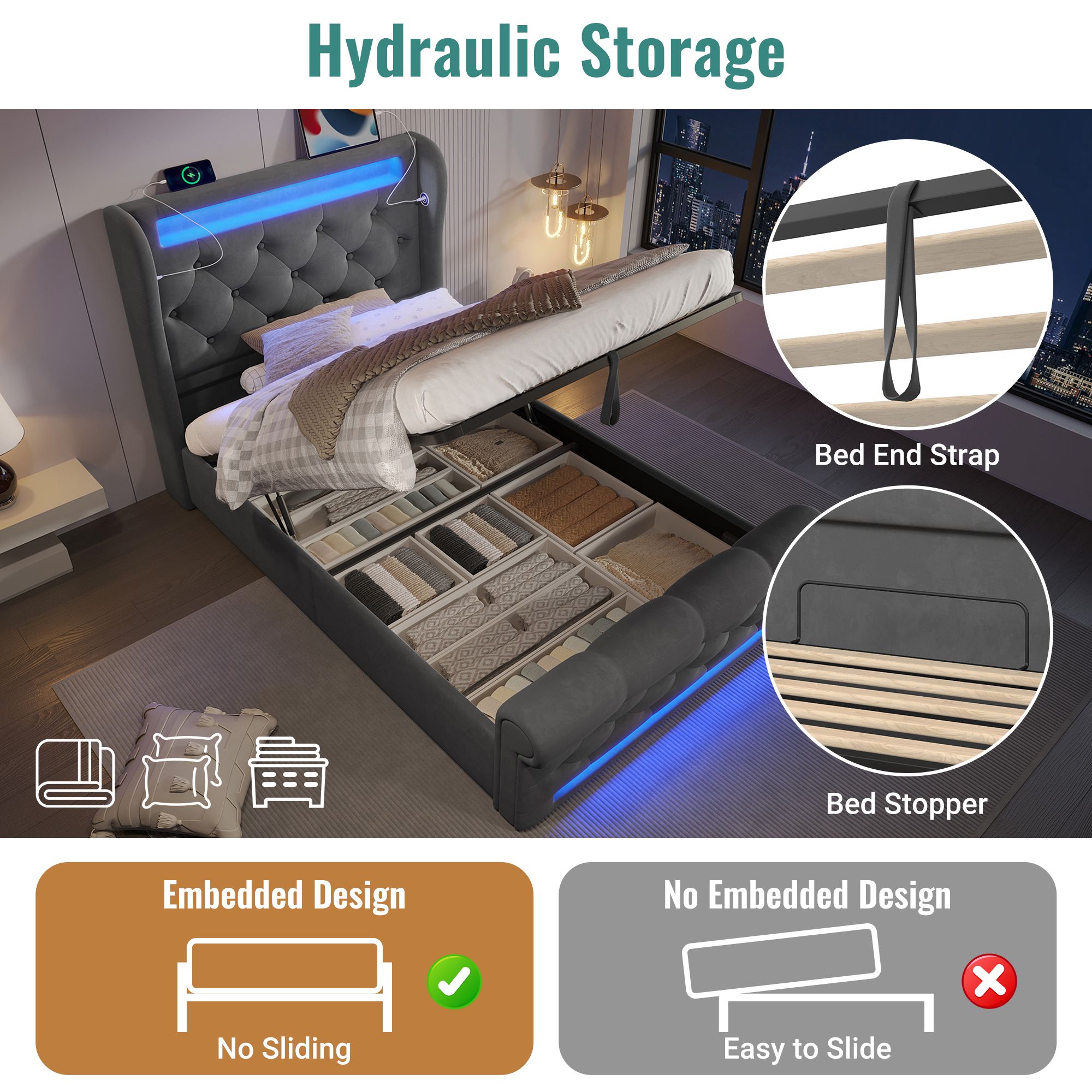Lit rembourré simple 90 x 200 cm, tête LED, USB Type-C, coffre, matelas inclus, 220 x 96 x 110 cm, Gris