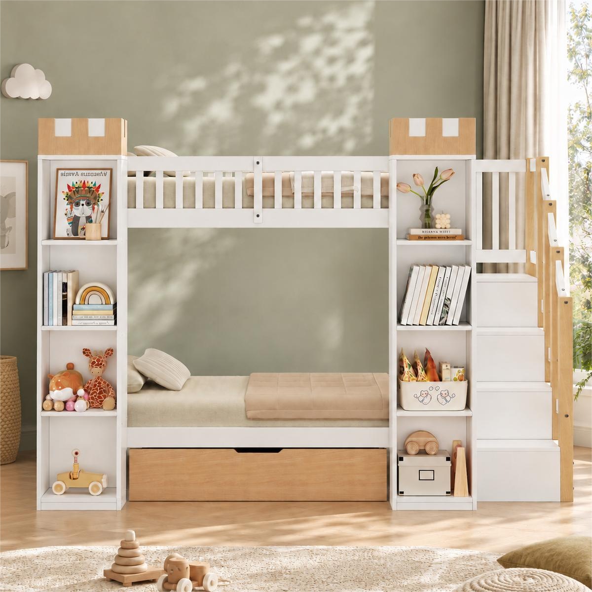 Lit superposé enfant 90×200 cm - Tiroir - Barrière anti-chute - Escalier de rangement - Rangement château - Bois - Blanc et naturel 6