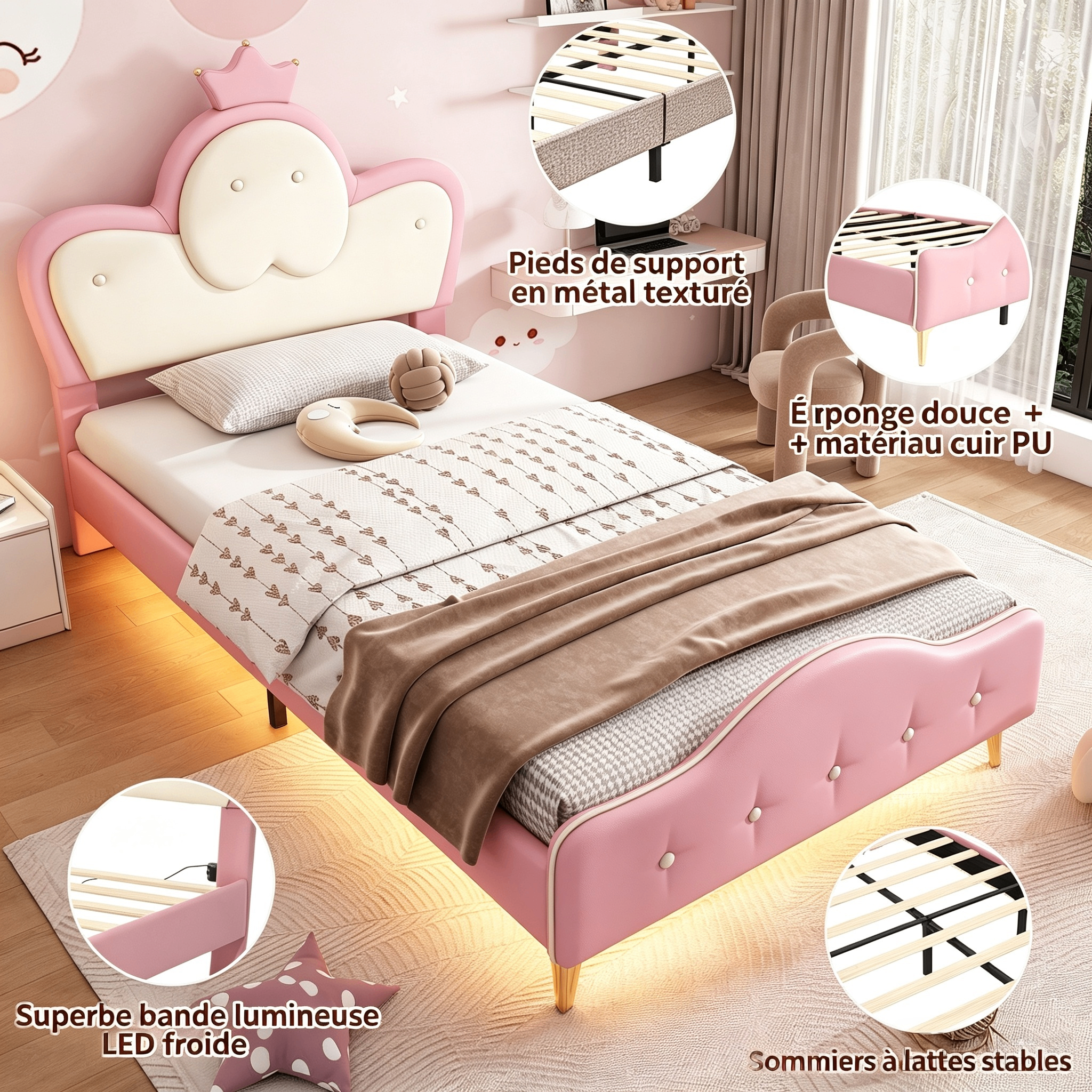 Lit enfant capitonné en PU rose et blanc avec tête de lit couronne et LED, 90x200 cm 4