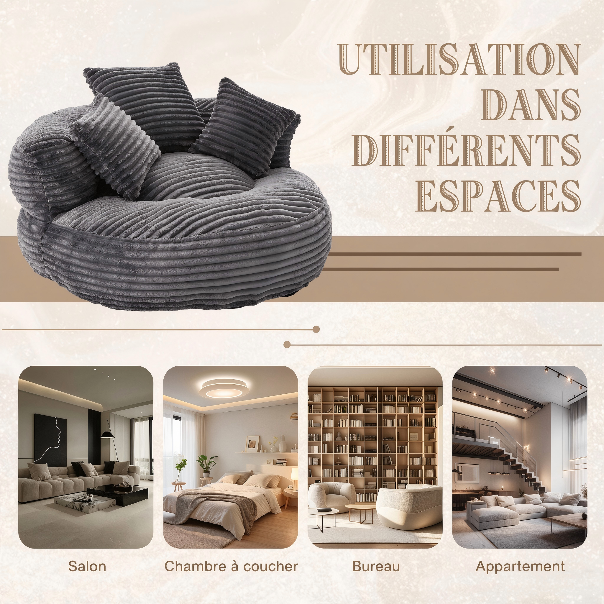 Pouf fauteuil en corduroy gris foncé - vue 2