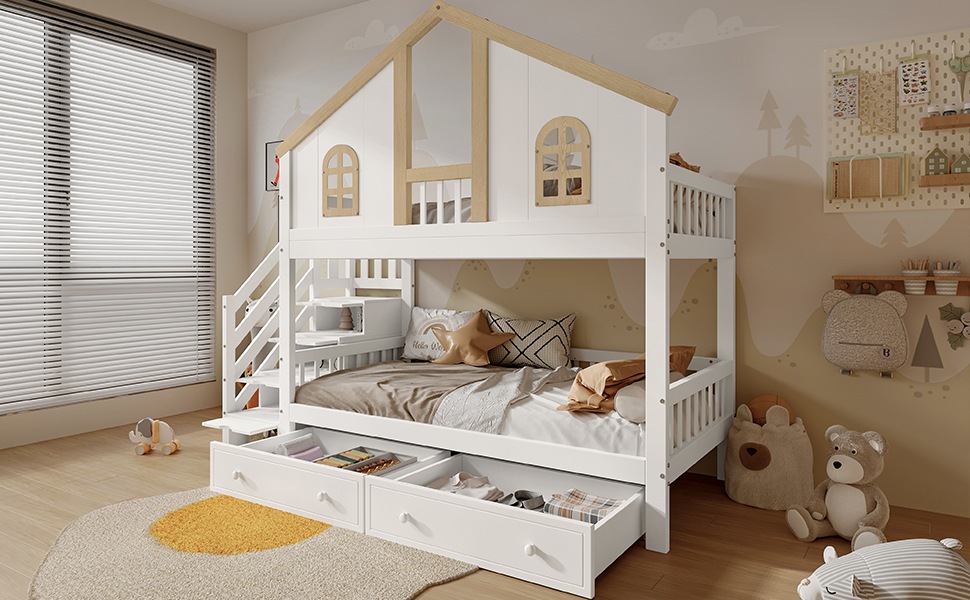 Lit superposé enfant 90×200 cm - Design maison - Escalier de rangement - Tiroirs - Barrière de sécurité - Bois - Blanc et naturel 5