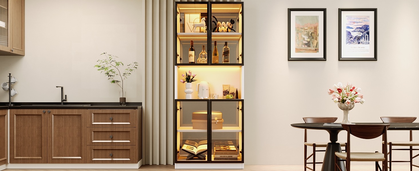 Vitrine Haute Blanc - Éclairage LED, Portes, Étagères, Portes en Verre - MDF et Verre - 70×30×170cm - Salon et Salle à Manger 4