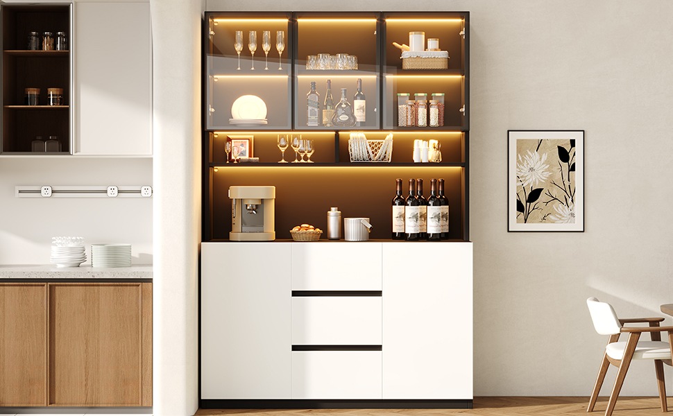 Vitrine Haute Noir et Blanc - Éclairage LED, 3 Tiroirs, 2 Portes, Étagères, Portes en Verre, Éclairage Connecté - MDF 2