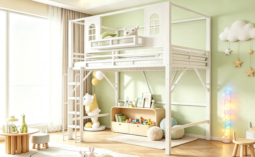 Lit superposé enfant 90×200 cm - Toit maisonnette - Structure métal - Échelle sécurité - Espace de jeu - Rangement intégré - Blanc 1