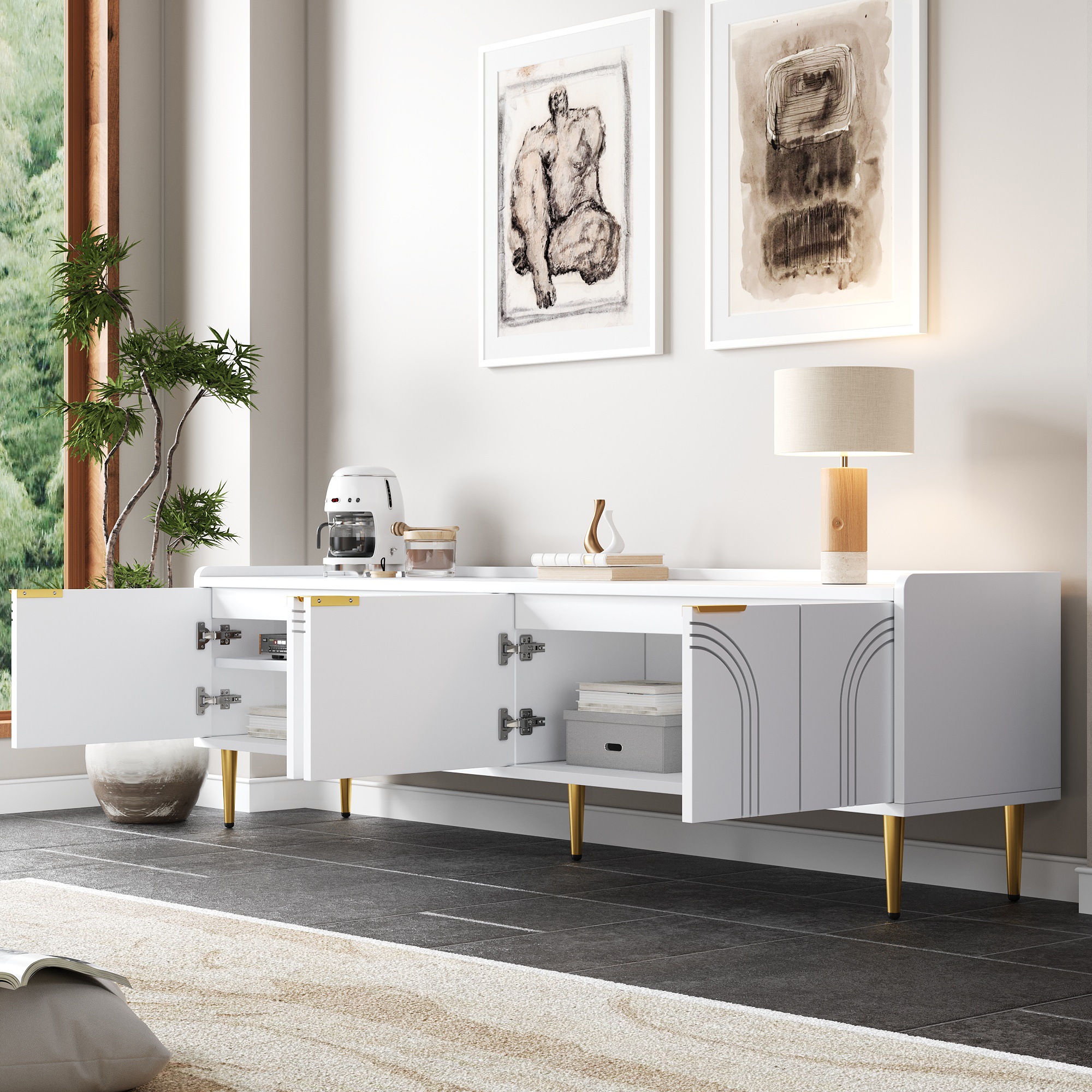 Meuble TV Blanc, Rangement, Gestion des Câbles, Design Moderne, Structure Robuste, Finition Haut de Gamme - MDF - 170x35x47.5cm 5