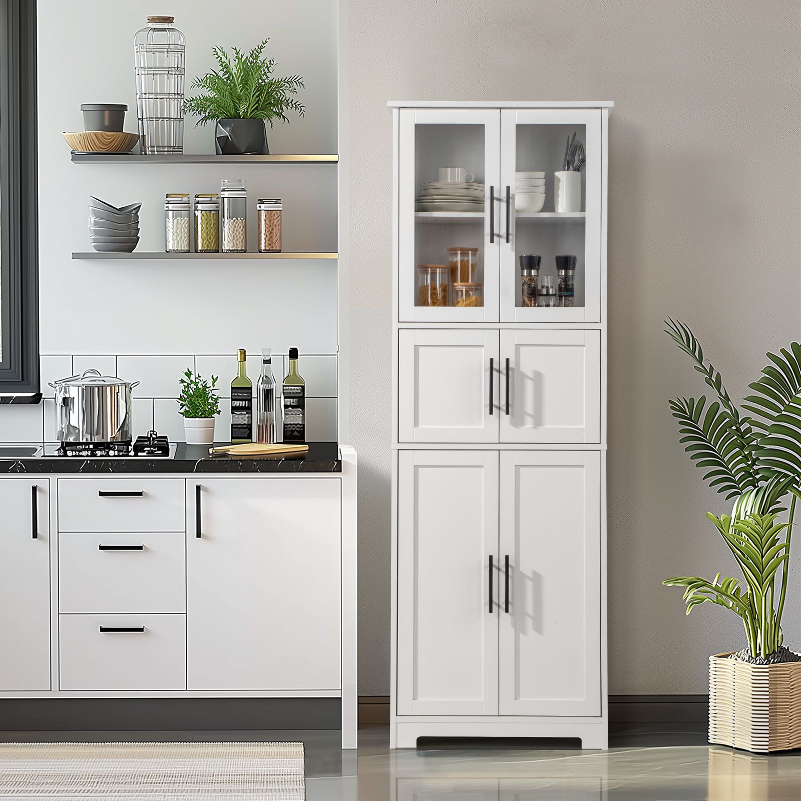 Armoire haute blanche vue scène salon