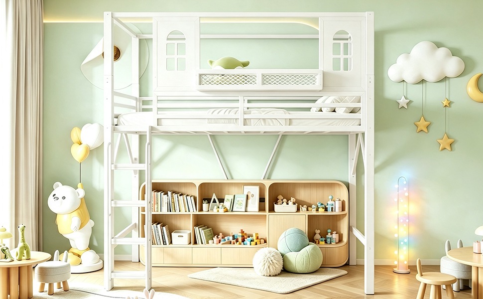 Lit superposé enfant 90×200 cm - Toit maisonnette - Structure métal - Échelle sécurité - Espace de jeu - Rangement intégré - Blanc 2