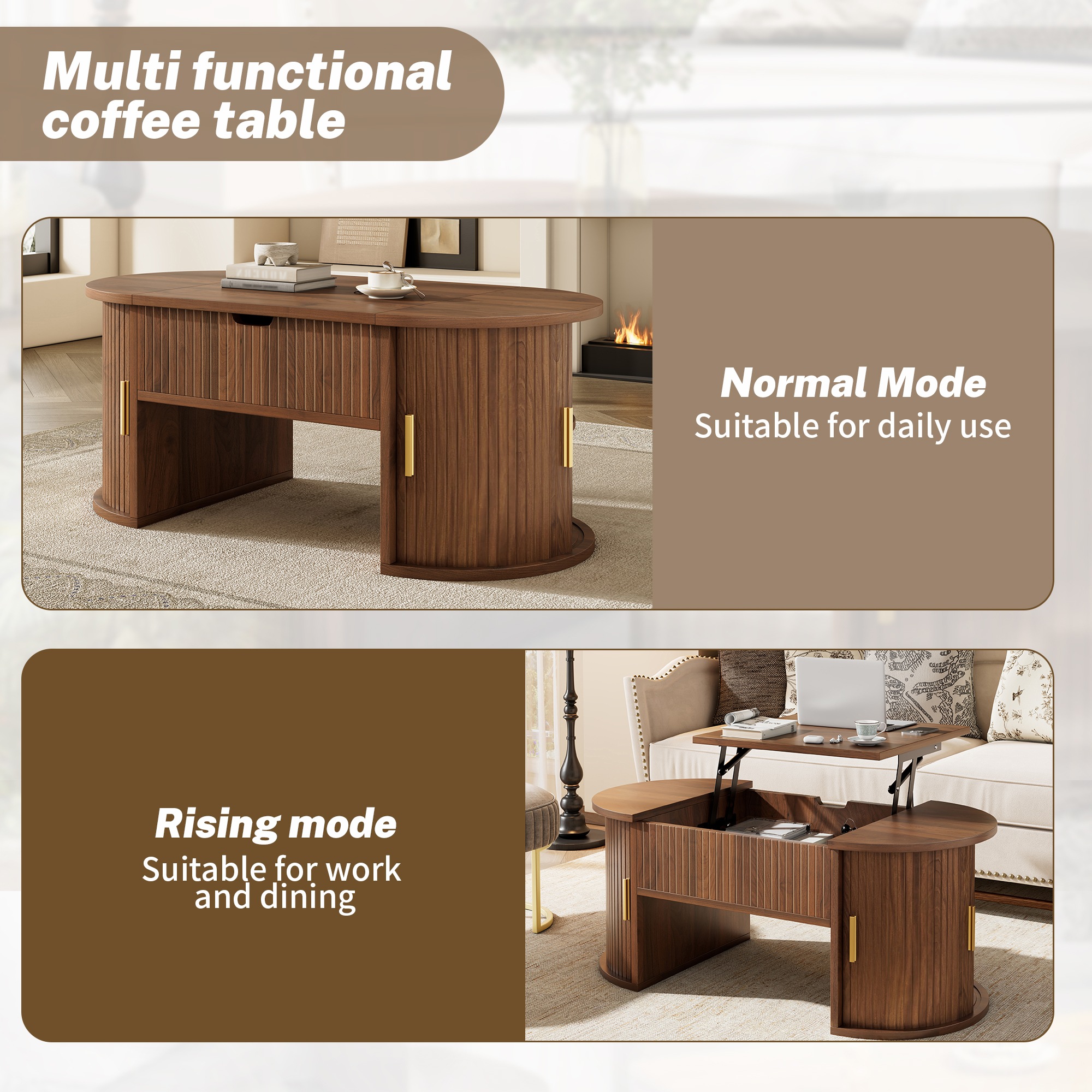 Table Basse Noyer, Rangement, Étagères Réglables, Plan Relevable, Portes Coulissantes, Design Moderne - MDF - 100x50x40.5cm - Salon 3