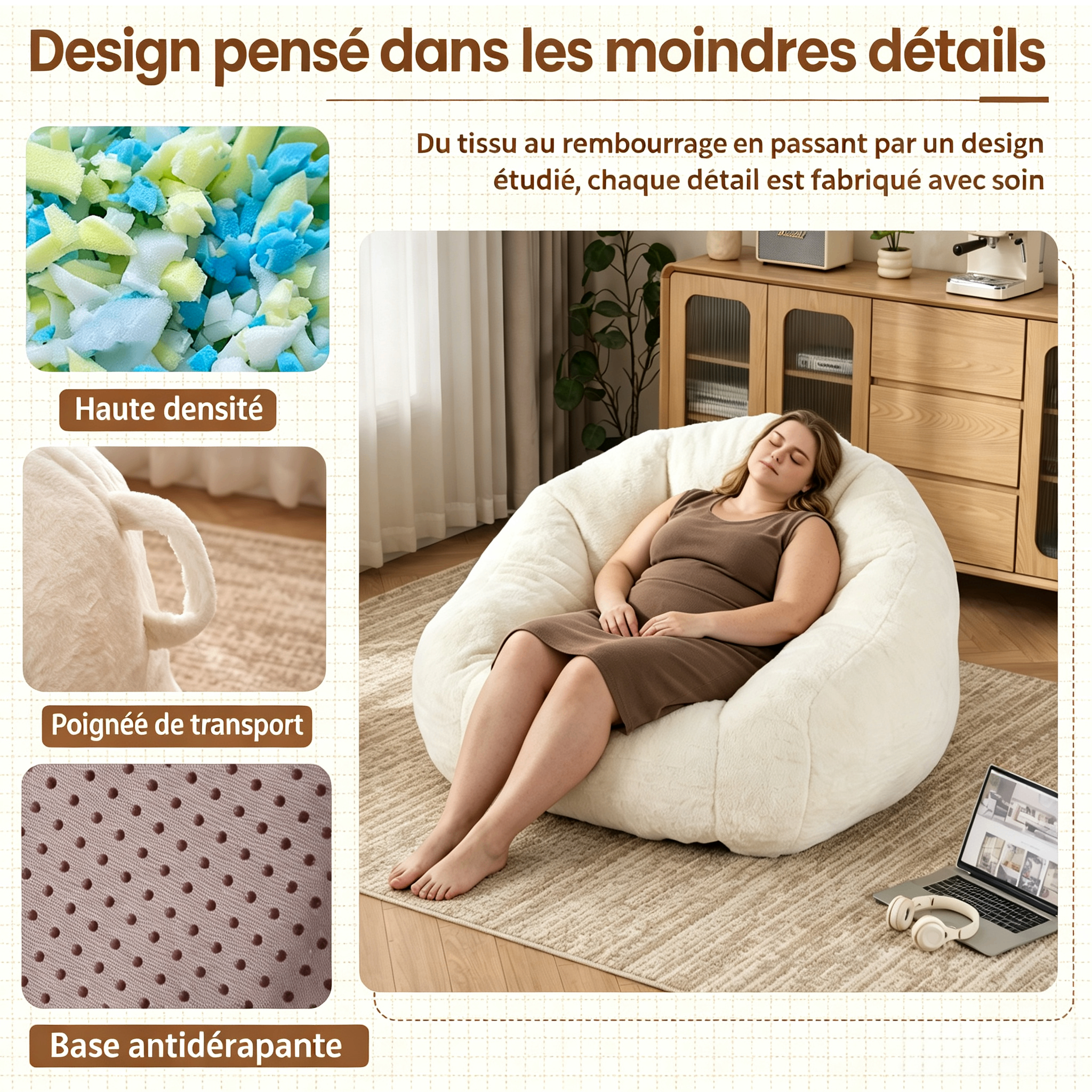Pouf fourrure blanche adulte 111x123x75 cm - vue 4