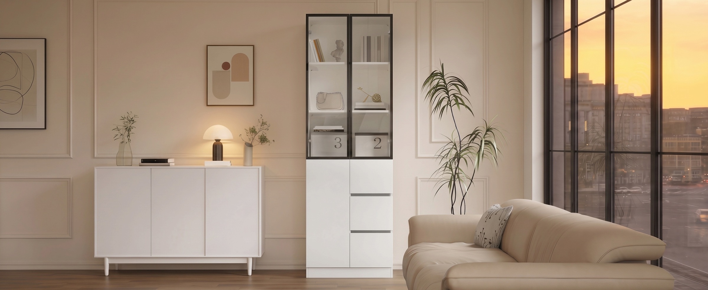 Vitrine Haute Blanc - Éclairage LED, Tiroirs, 1 Porte, Étagères, Portes en Verre - Panneaux de Particules - 60×40×180cm 1