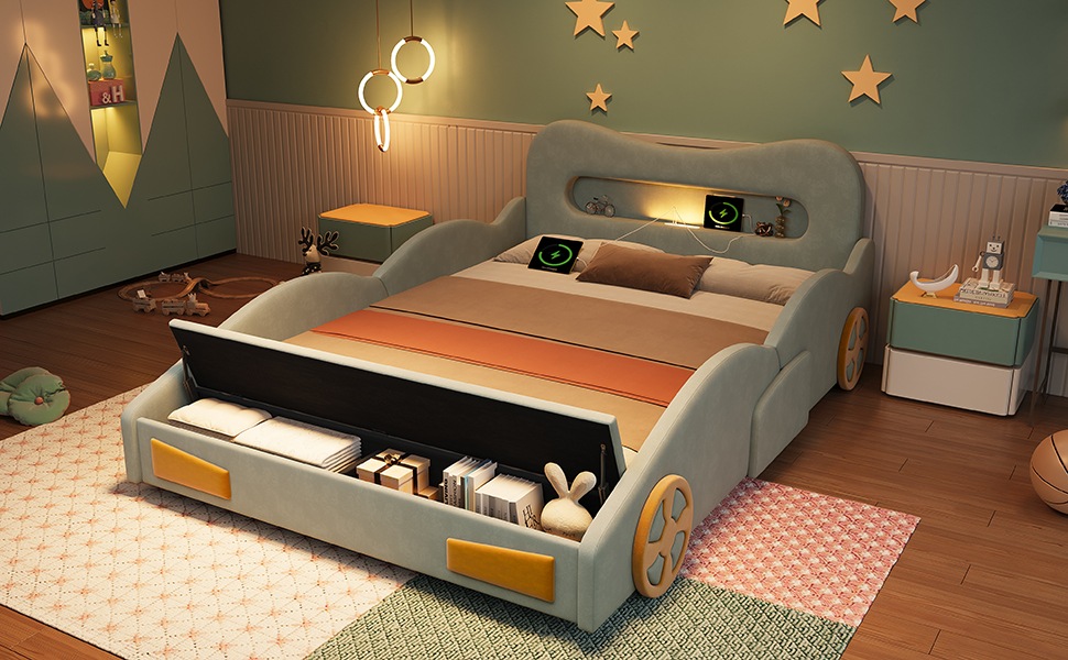Lit Enfant Voiture Vert - Design Voiture, Rangement Intégré, Éclairage LED, USB et Type-C - Velours - 230.5×151×81cm 3