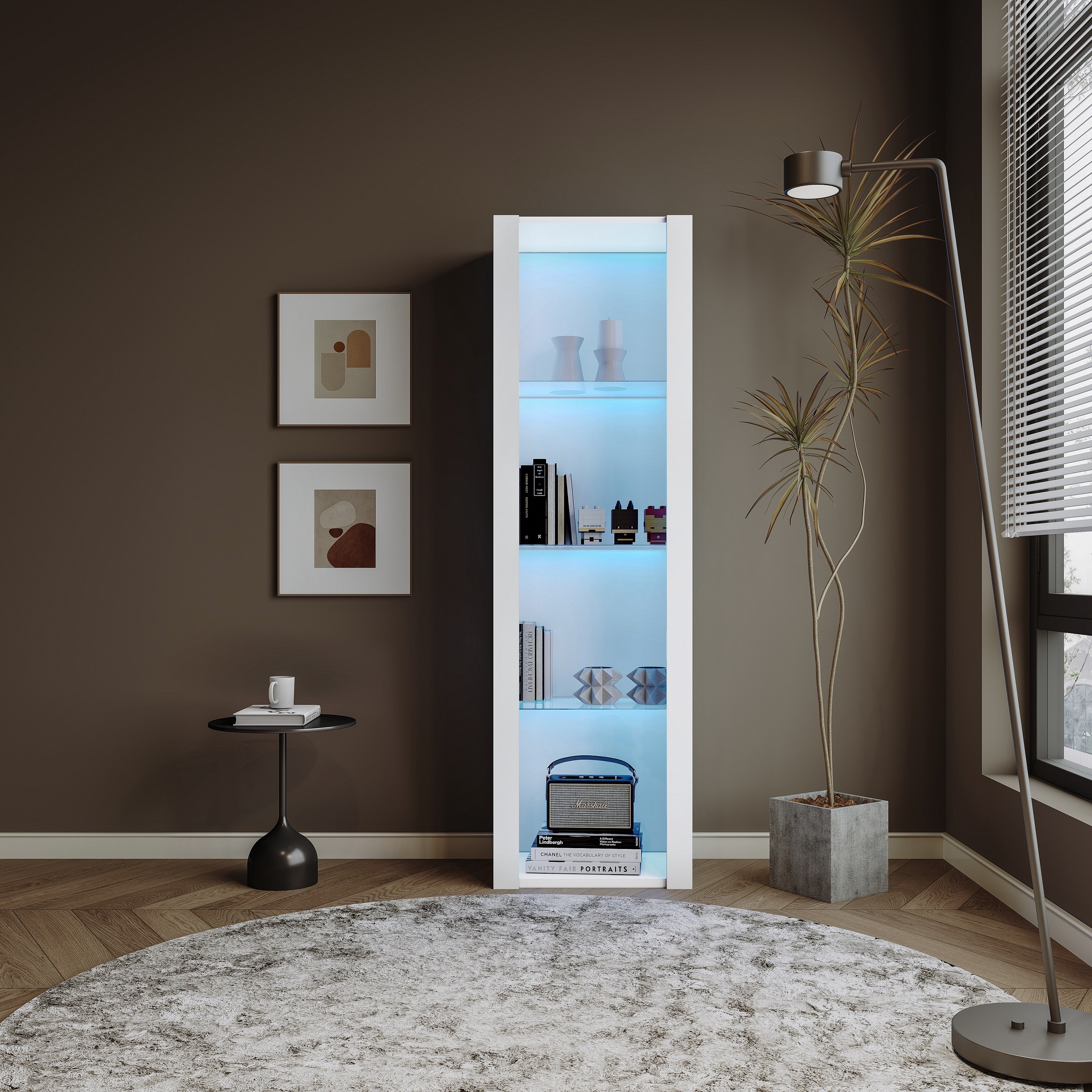 Vitrine Haute Blanc - Éclairage LED, Étagères, Portes en Verre, Éclairage Connecté - Panneaux de Particules - 55×38×166cm 5