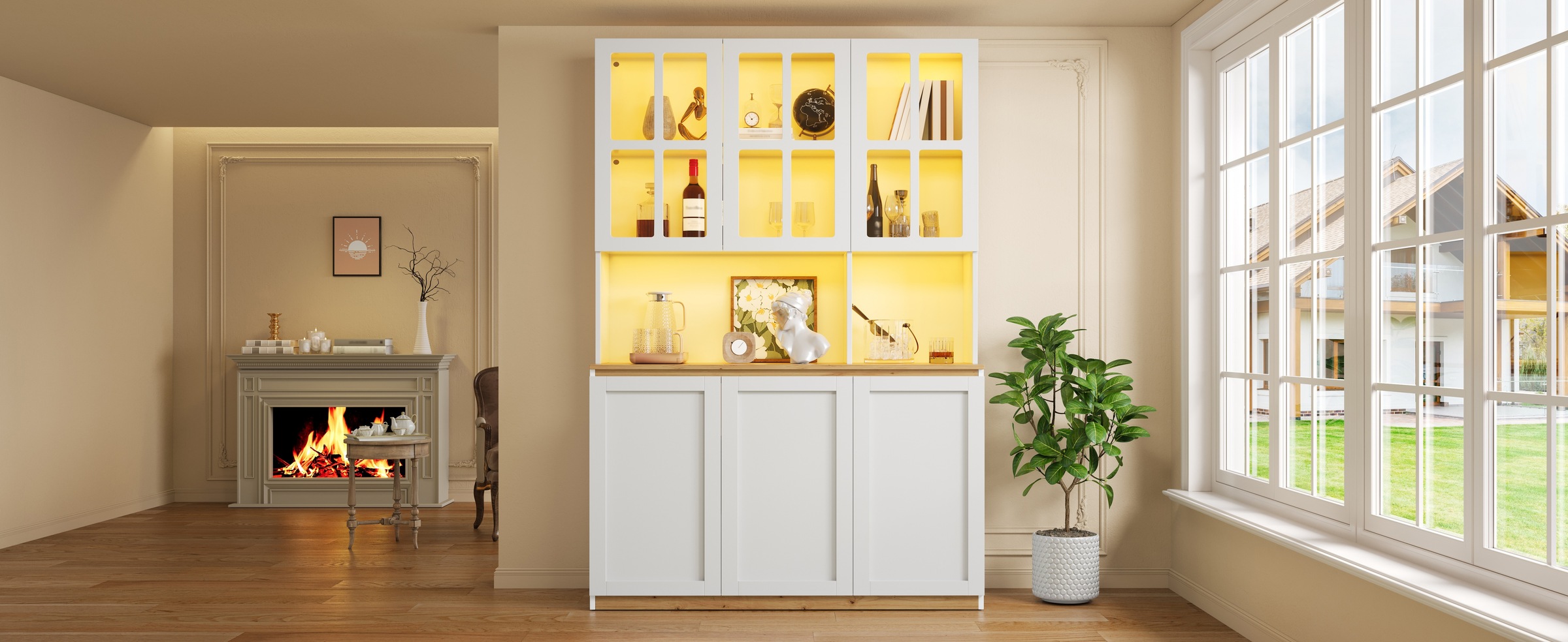 Vitrine Haute Blanc et Chêne - Éclairage LED, Portes, Étagères, Portes en Verre, Fermeture Douce, Rangement à Vin - MDF et Verre 6