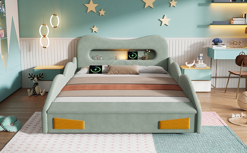 Lit Enfant Voiture Vert - Design Voiture, Rangement Intégré, Éclairage LED, USB et Type-C - Velours - 230.5×151×81cm 1
