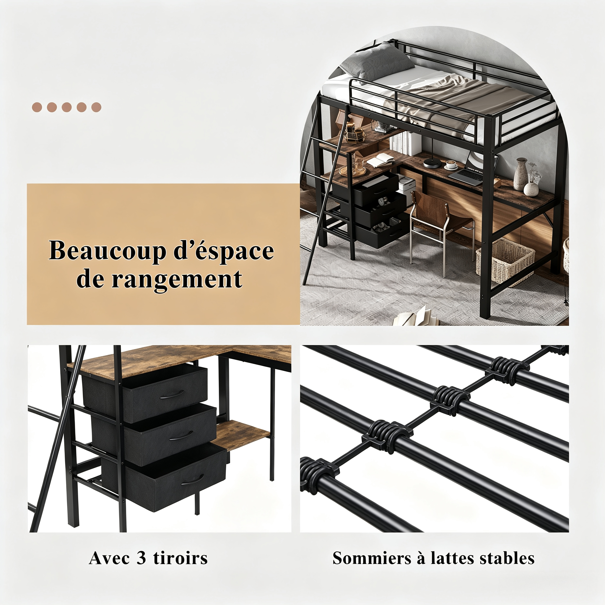 Lit mezzanine en fer noir avec bureau, placard et étagères, 90x200 cm 4