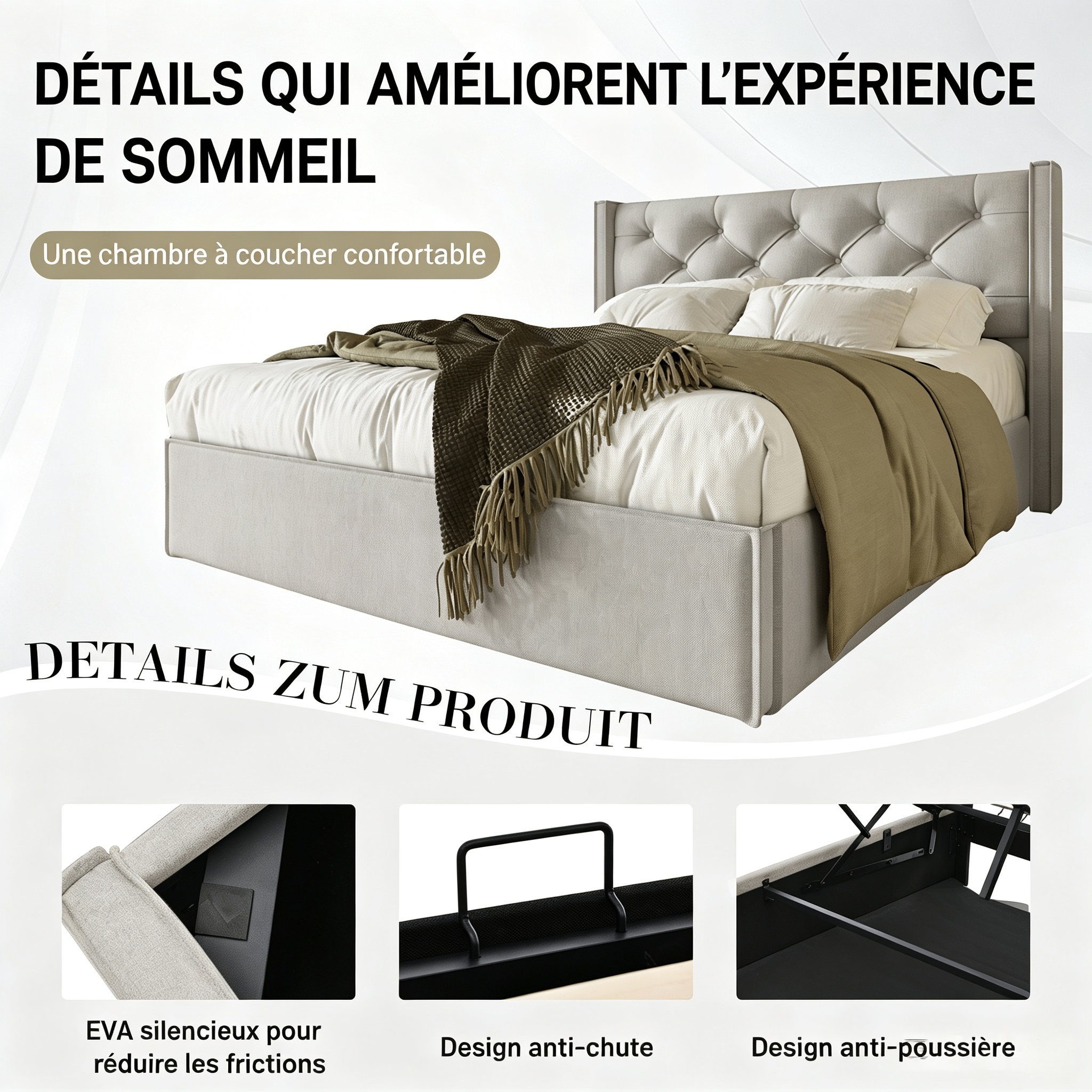 Lit rembourré simple 90 x 200 cm, coffre hydraulique, lattes, coton, 203 x 101 x 110 cm, Gris clair