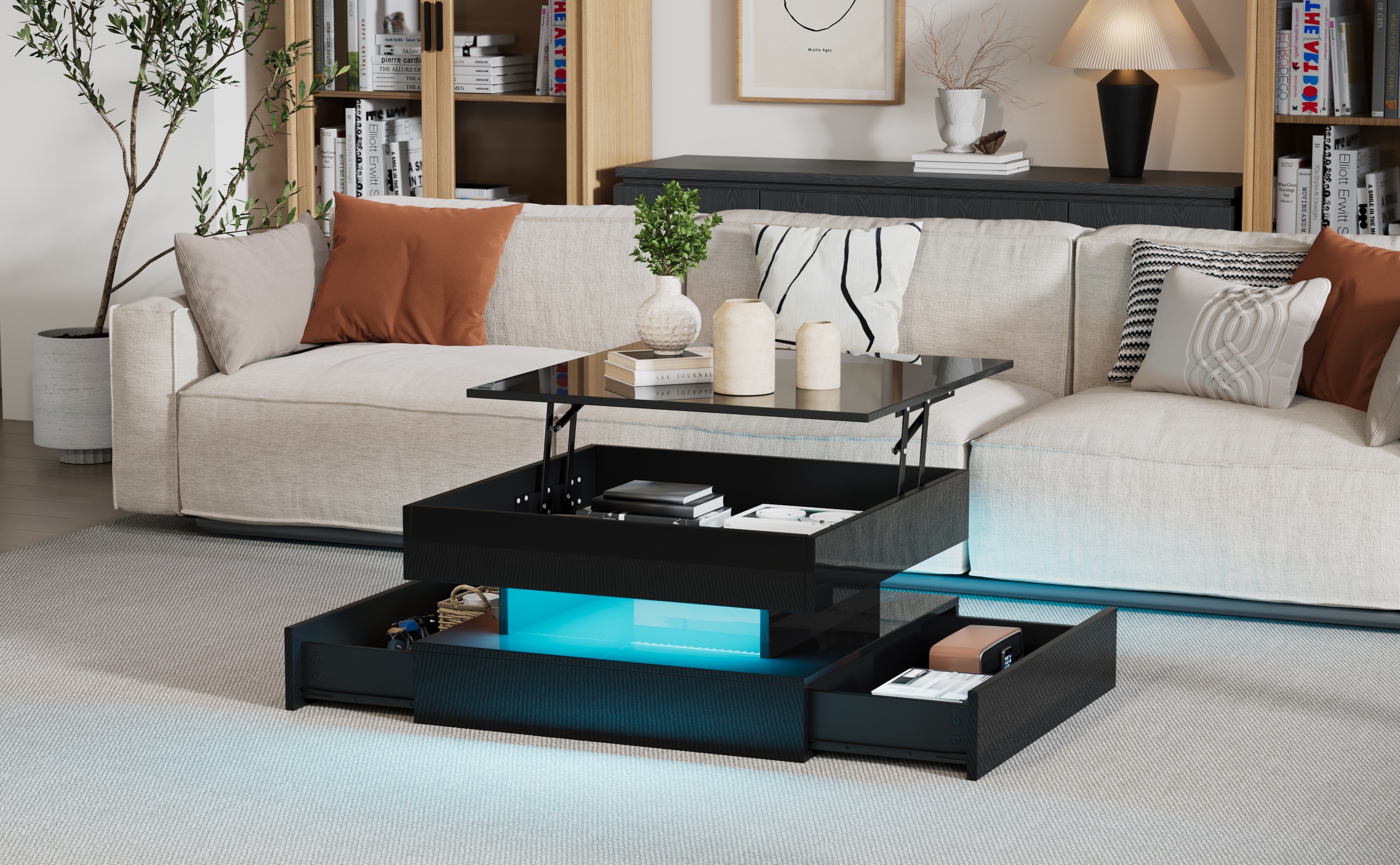 Table Basse Noir - Plateau Relevable, 2 Tiroirs, Éclairage LED Connecté, Rangement Intégré - Panneaux de Particules - 65×65×38.5cm 3