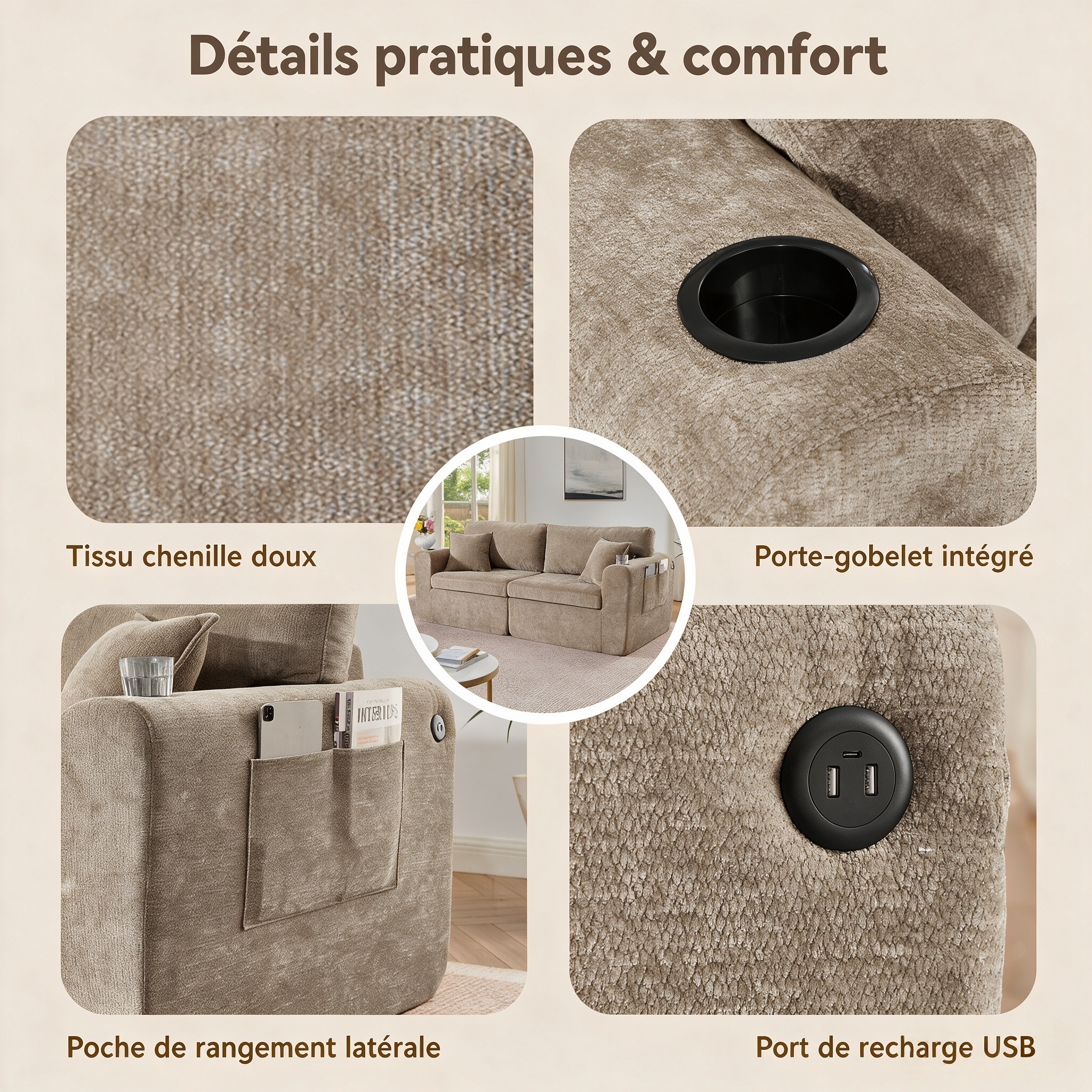 Canapé relax 2 places en chenille marron avec USB et porte-gobelets - vue 4