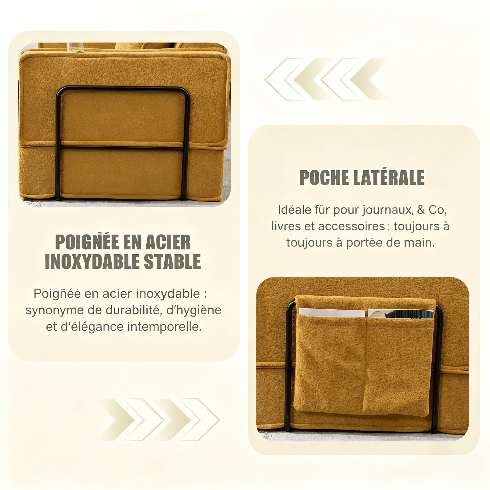 Canapé 2 places moutarde en chenille convertible avec coussins - vue 4