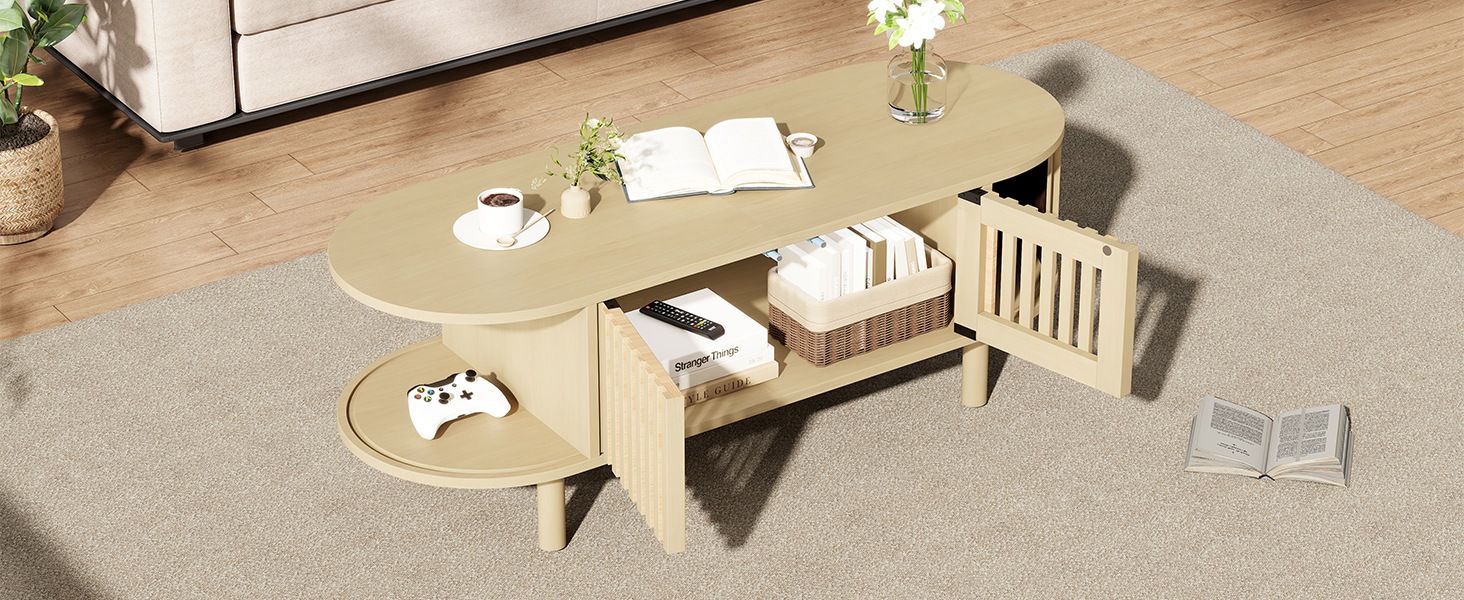 Table Basse Bois Naturel - 3 Portes, Plateau en Verre, Plateau Ovale, Pieds en Bois Massif, Jusqu'à 30 kg - MDF - 100×40×38cm 4