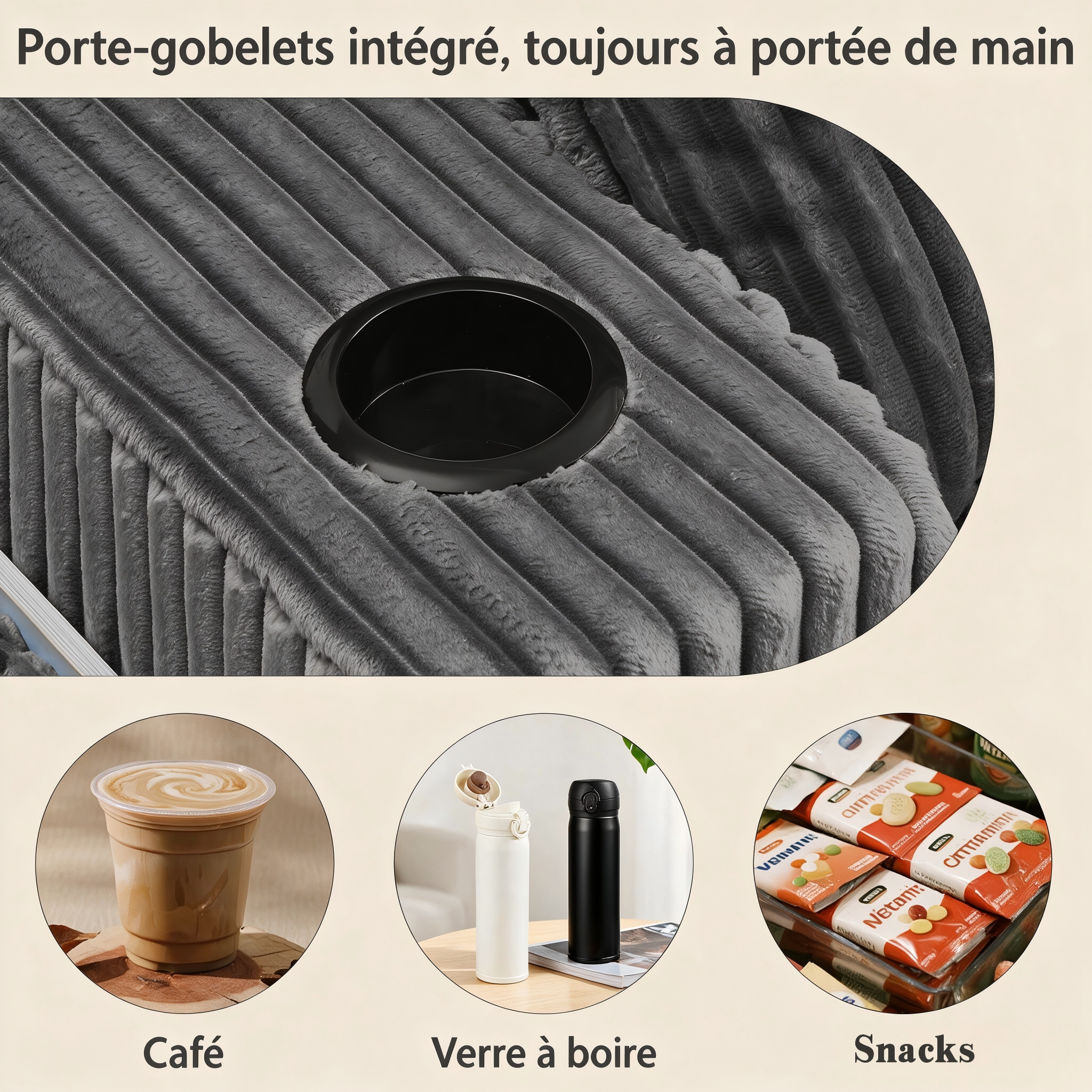Canapé relax 2 places en cord gris avec porte-gobelets - vue 4