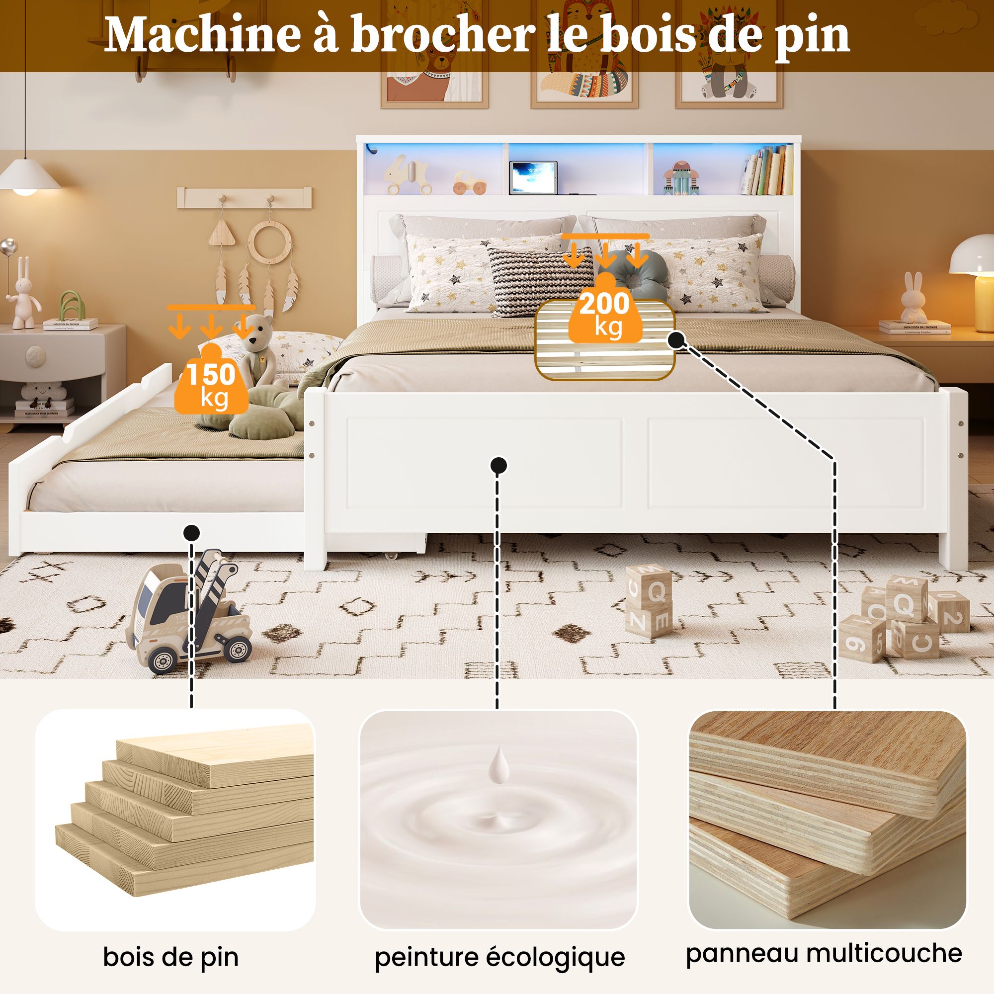 Lit double familial avec lit tirant 90x190 cm, LED et rangements, pin et MDF, blanc, 120x200 cm 4