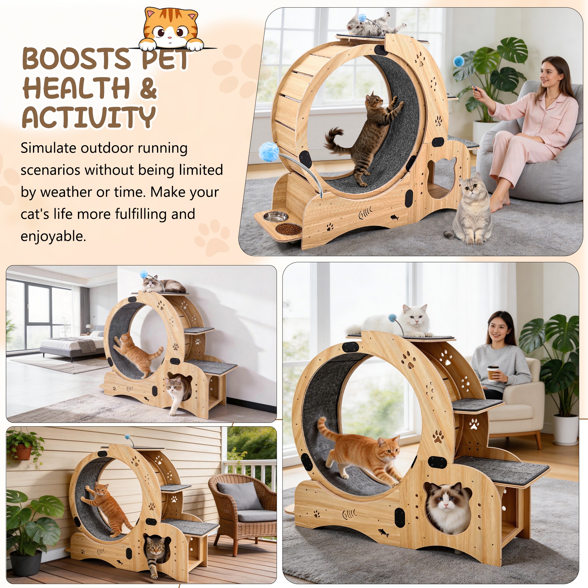 Roue d'Exercice pour Chat Bois Naturel, 6 en 1, Fonctionnement Silencieux, Usage Intérieur - Bois - 91.5x53x19.5cm - Maison 5