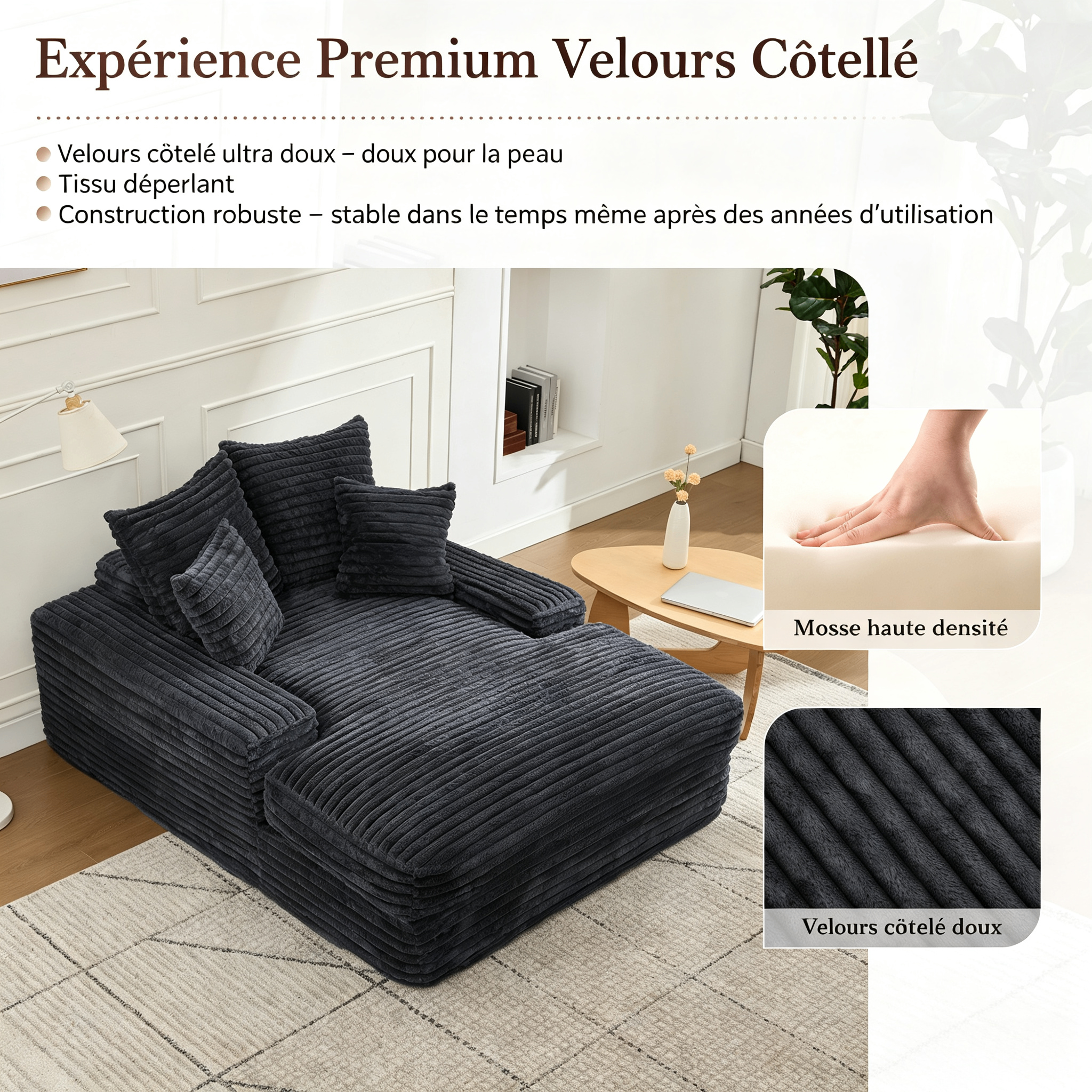 Canapé-lit luxe gris corduroy 4 coussins 165x135x58 cm - vue 3