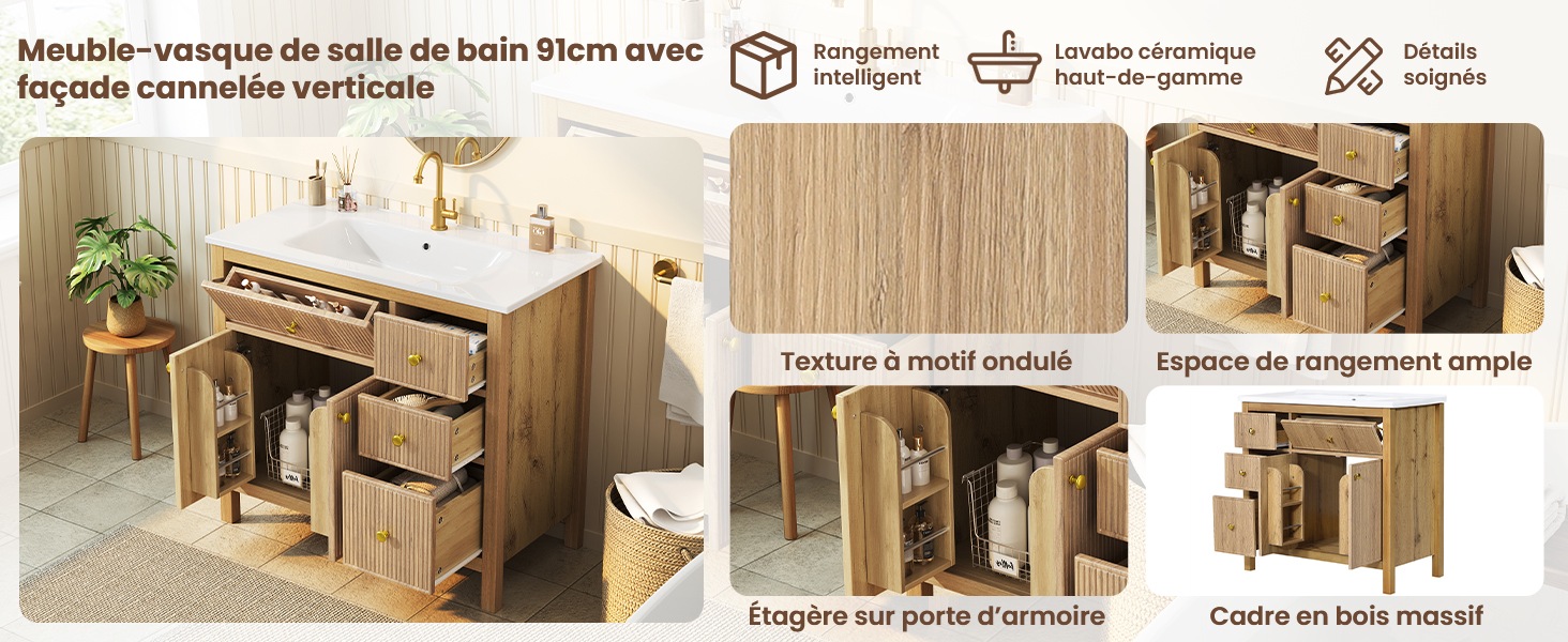 Meuble Vasque Bois Naturel - Lavabo en Céramique Intégré, 4 Tiroirs, 2 Portes - Céramique, Bois Massif et MDF - 91×48×88cm 1