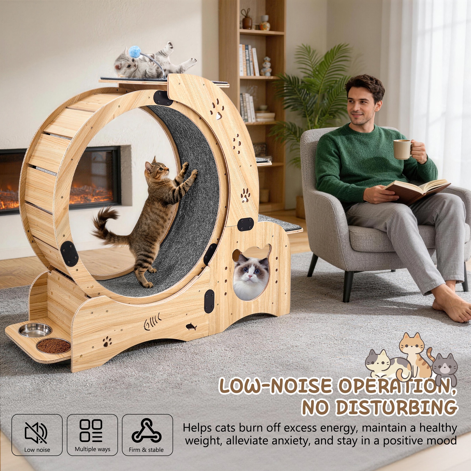 Roue d'Exercice pour Chat Bois Naturel, 6 en 1, Fonctionnement Silencieux, Usage Intérieur - Bois - 91.5x53x19.5cm - Maison 4