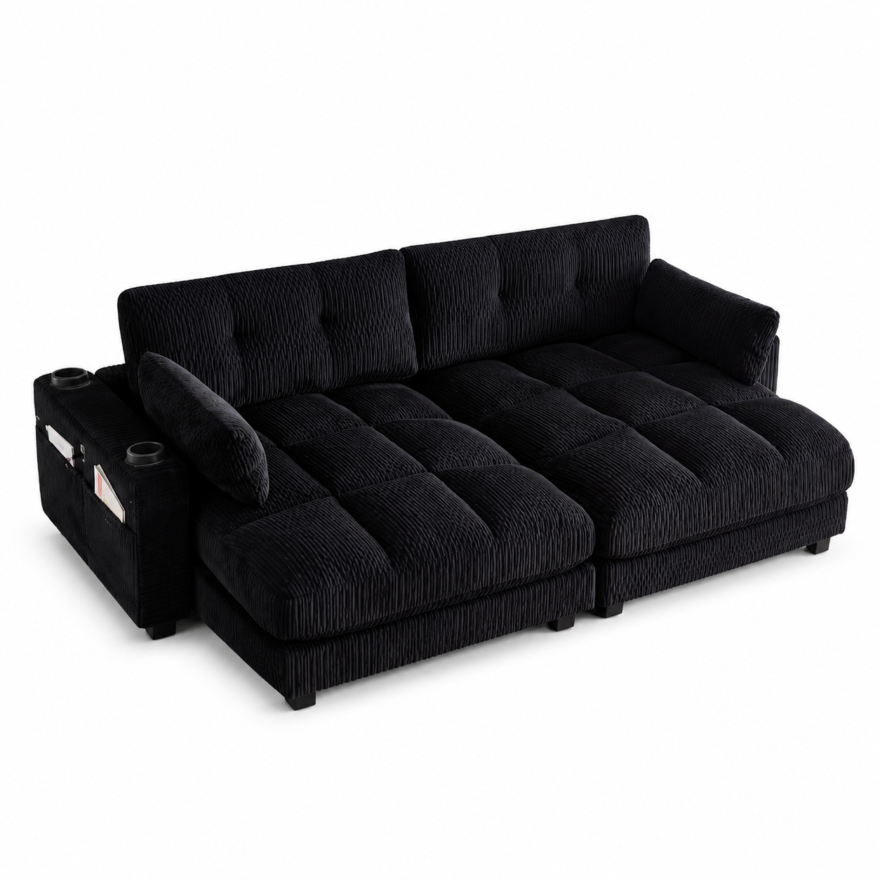 Canapé modulable 2 places 224 x 140 x 81 cm, avec poches latérales, porte-gobelets, port USB et prise électrique, Velours côtelé, noir - vue complémentaire 1