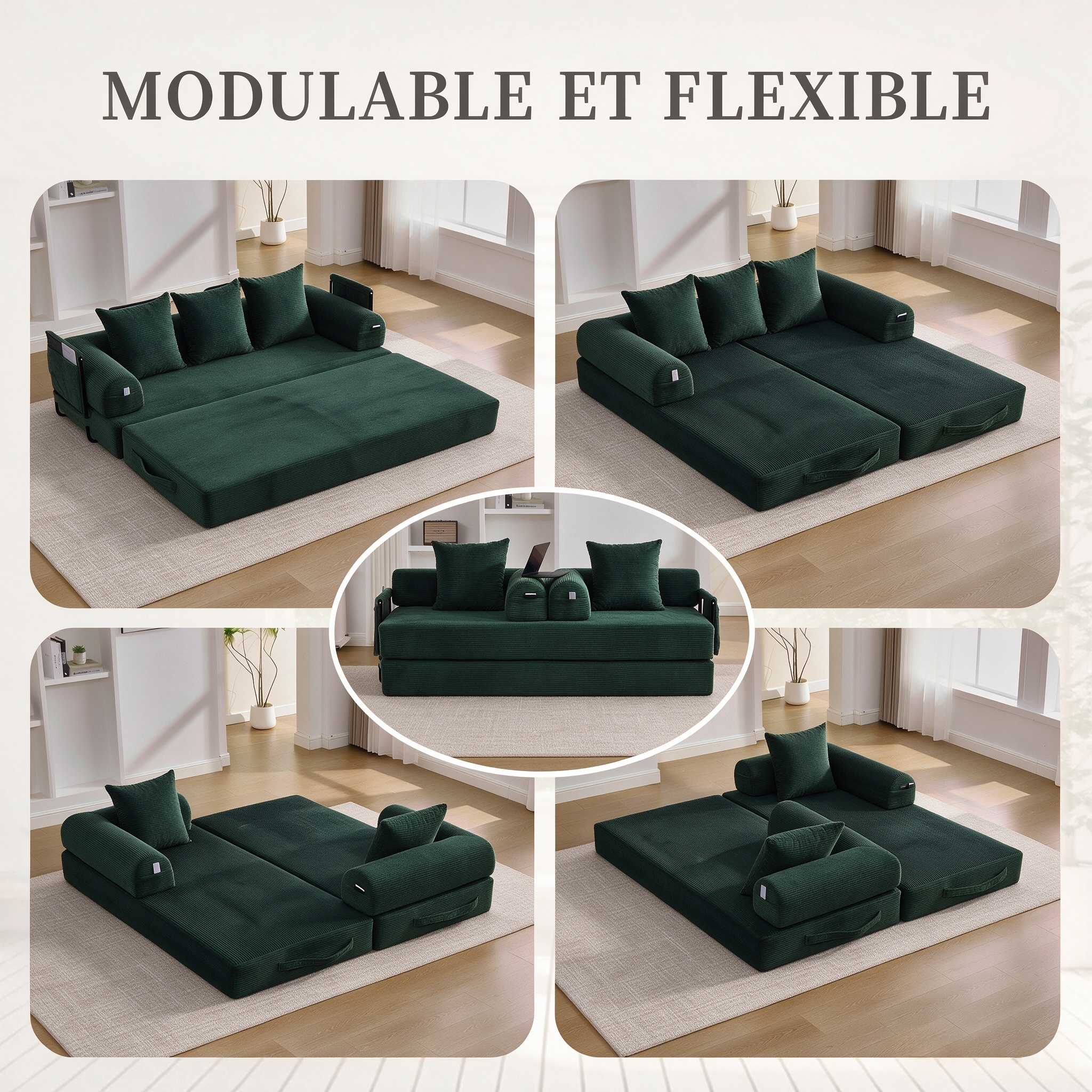 Canapé compressible émeraude en corduroy avec 3 coussins et métal - vue 4