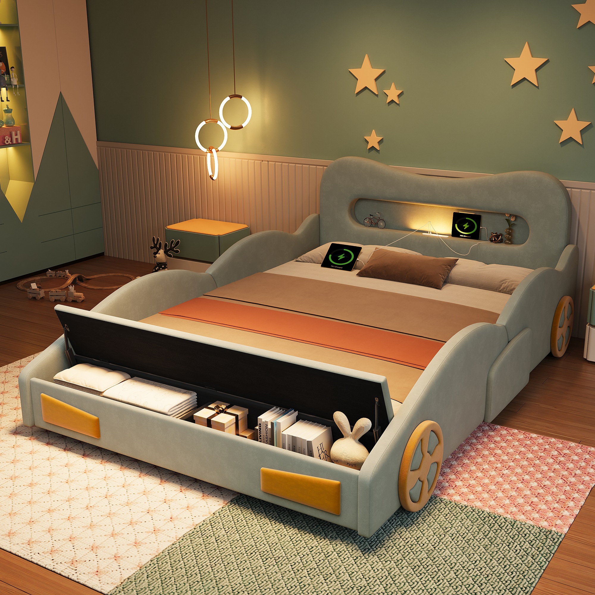 Lit Enfant Voiture Vert - Design Voiture, Rangement Intégré, Éclairage LED, USB et Type-C - Velours - 230.5×151×81cm 6