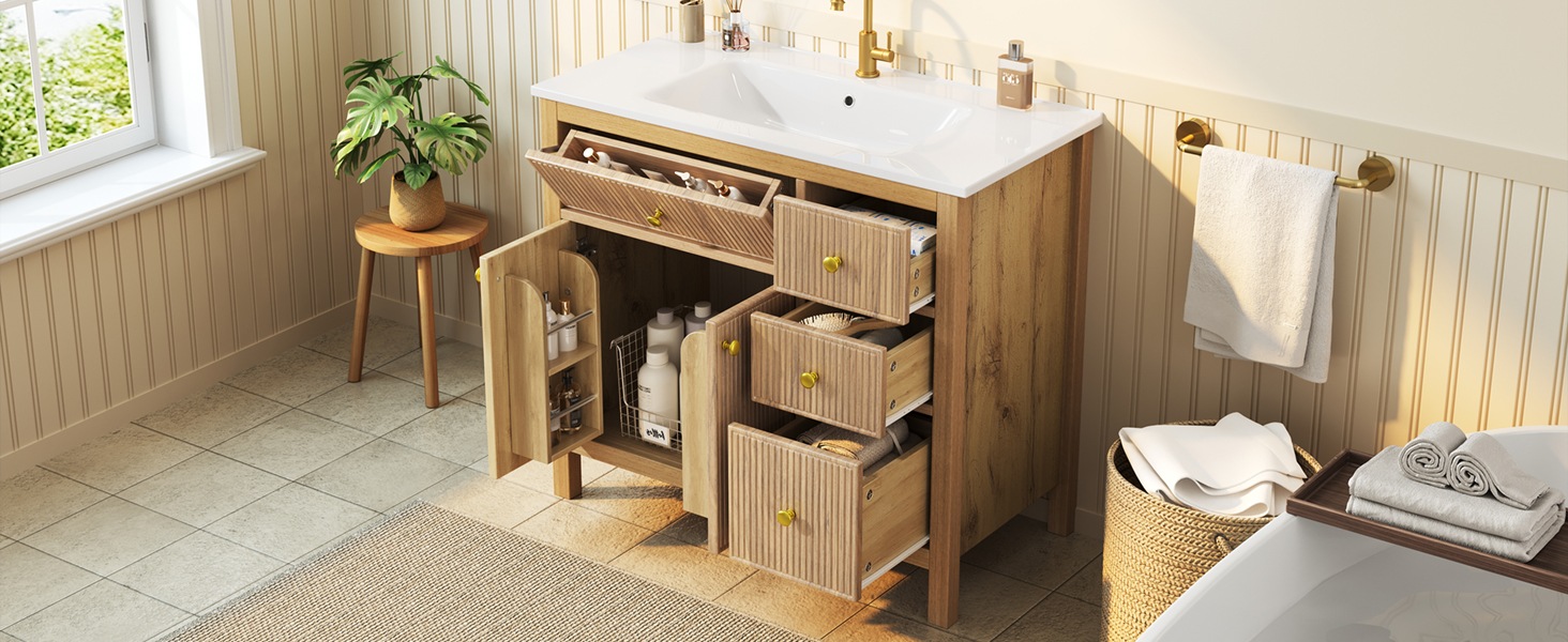 Meuble Vasque Bois Naturel - Lavabo en Céramique Intégré, 4 Tiroirs, 2 Portes - Céramique, Bois Massif et MDF - 91×48×88cm 5