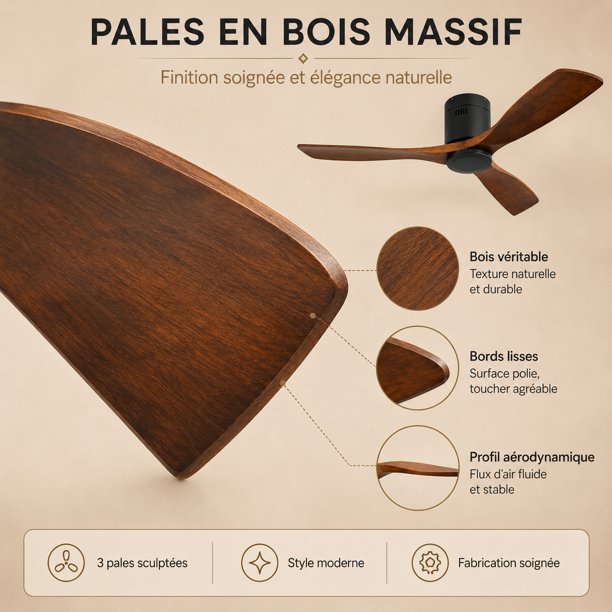 Ventilateur plafond 52 pouces noir bois massif sans lumière