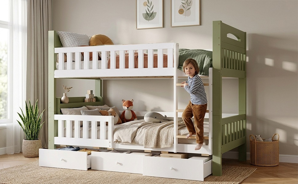 Lit superposé enfant 90×200 cm - Structure bois - Échelle - Barrière sécurité - Étagère latérale - 3 Tiroirs - Blanc et vert 6