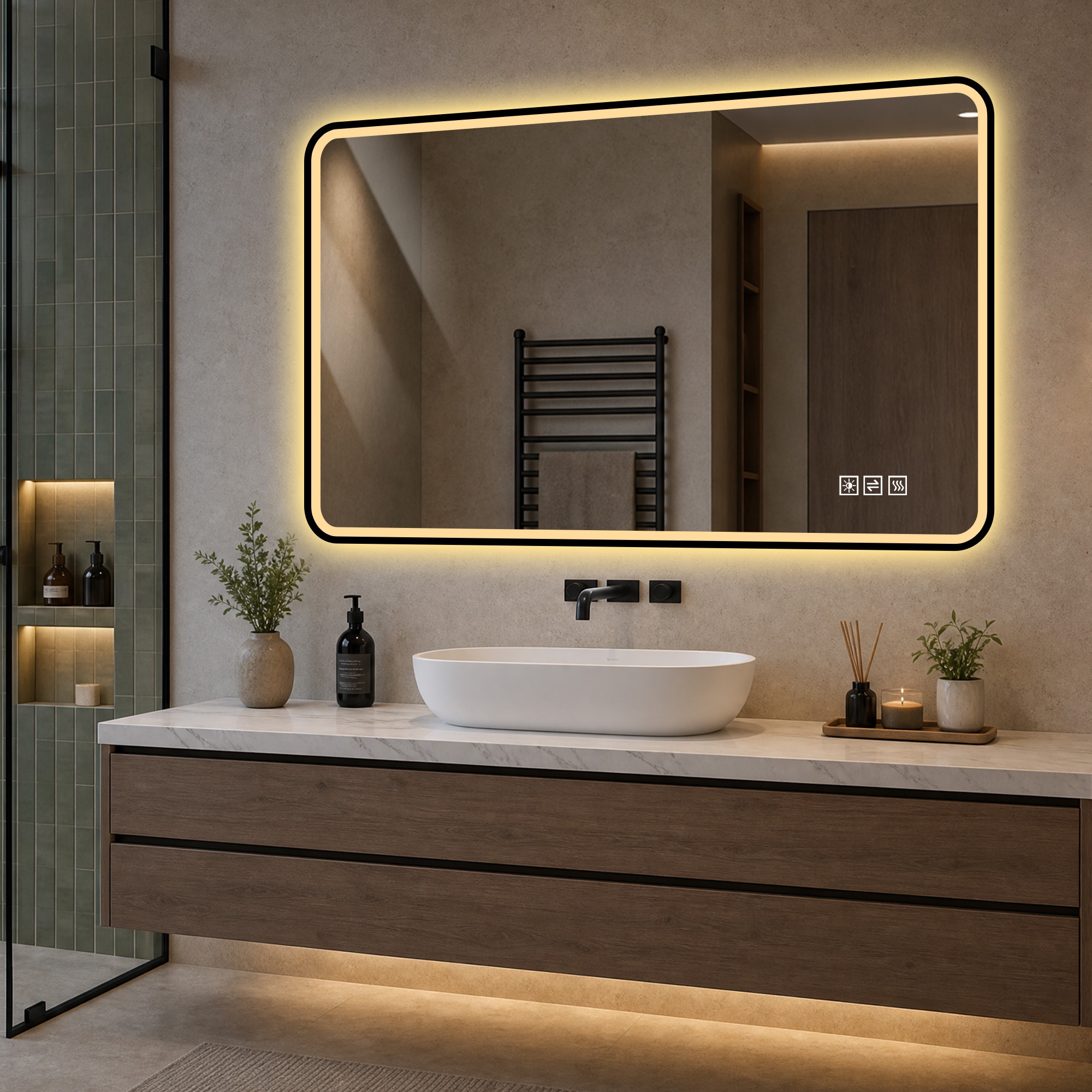Miroir de Salle de Bain Noir, Cadre Aluminium, Éclairage LED, Anti-Buée, IP44 - Aluminium et Verre - 90x70x4cm - Salle de Bain 4